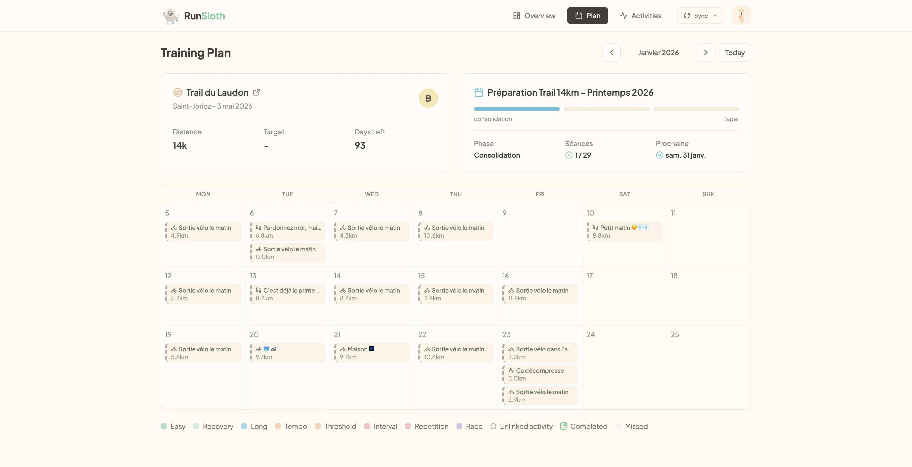 Calendrier du plan d'entraînement avec sessions prévues