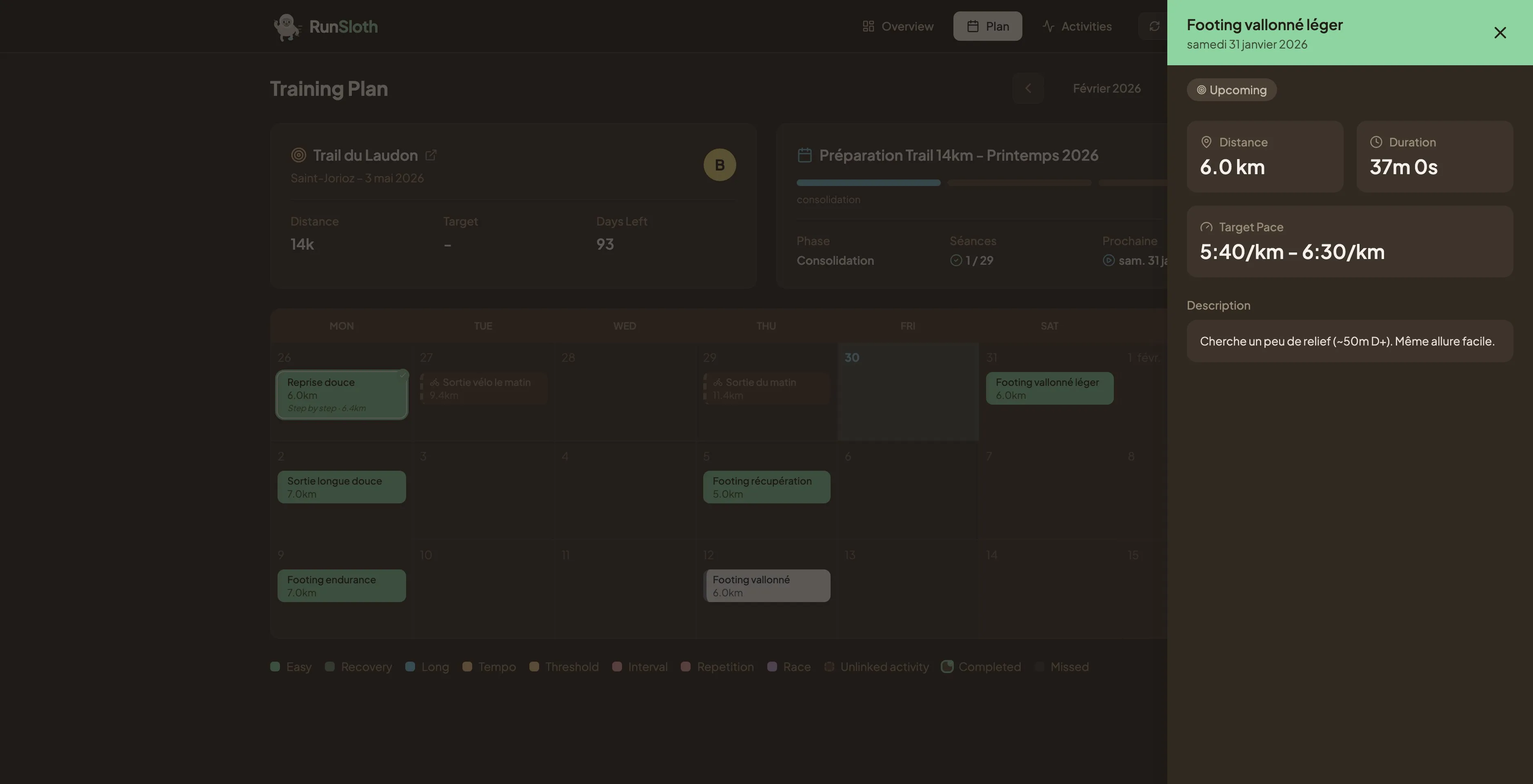 Détail d'une session prévue