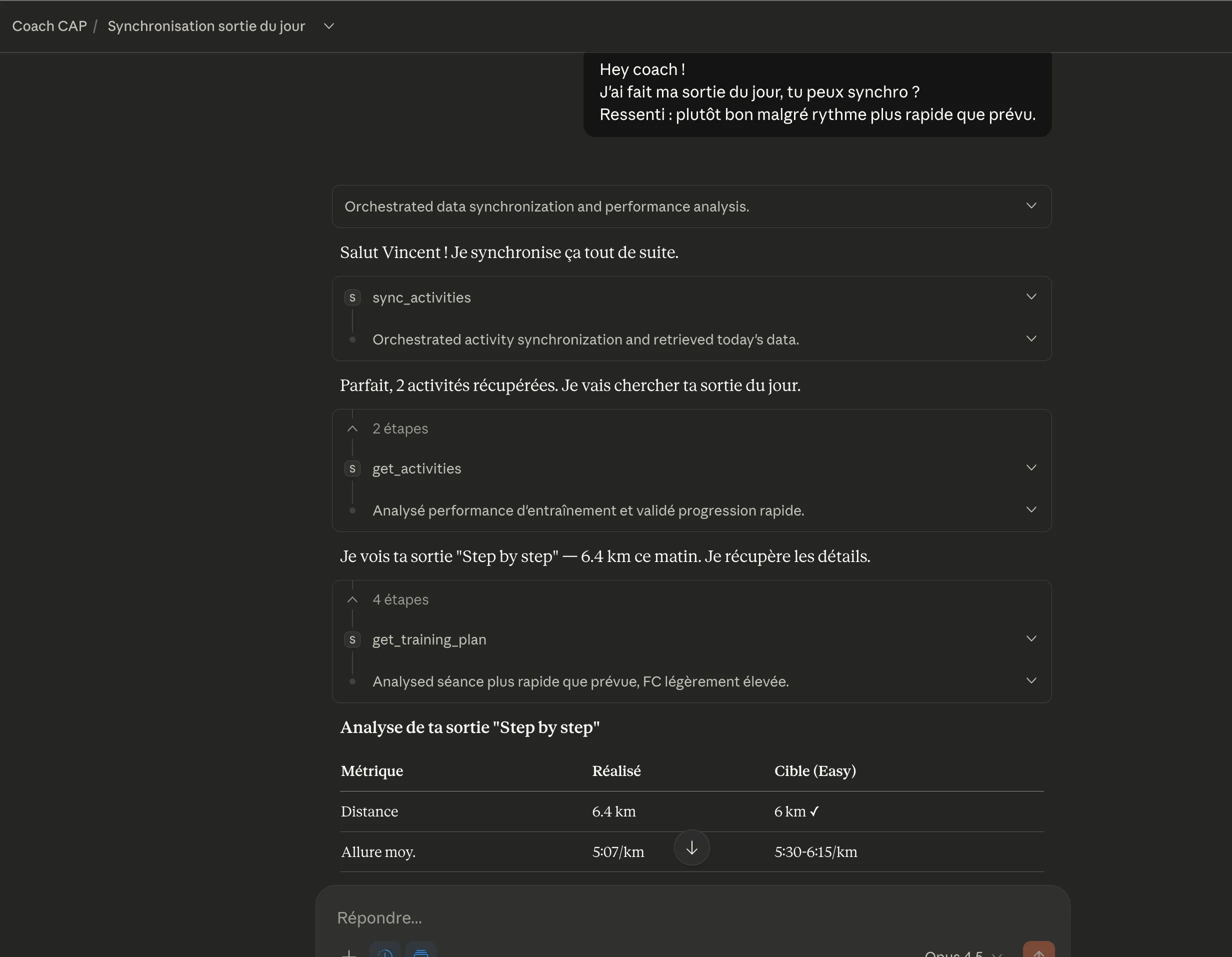 Conversation avec le coach — synchronisation et début d'analyse