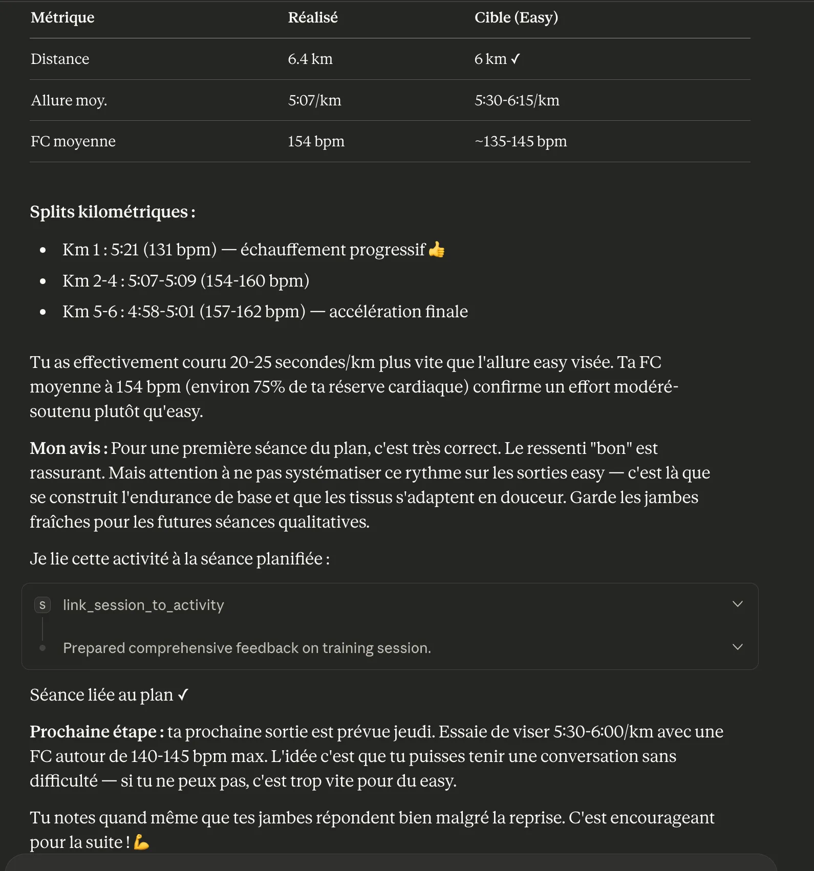 Analyse détaillée avec splits, comparaison aux cibles et feedback du coach