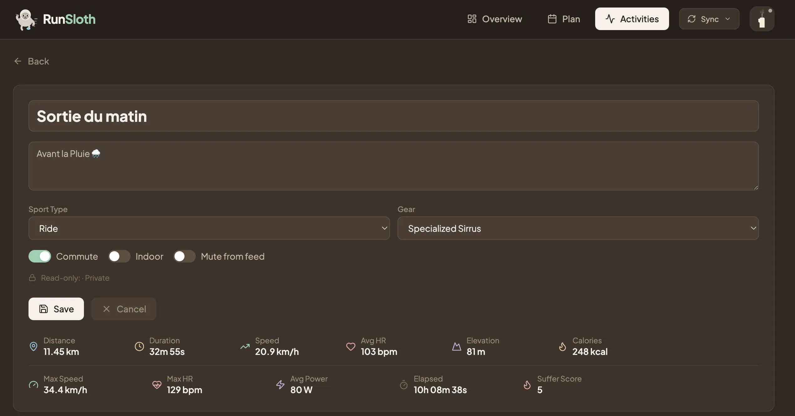 Possibilité de modifier une activité